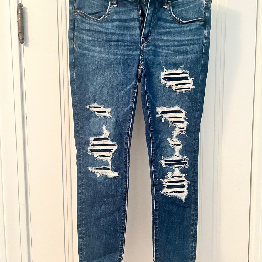 American Eagle Outfitters Blue Skinny Jeans with Distressed Details